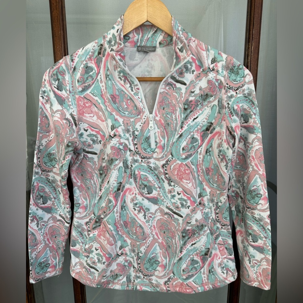 Talbots T by Talbots Paisley Quarter-Zip Top Pink Green Print Small Petite Modal